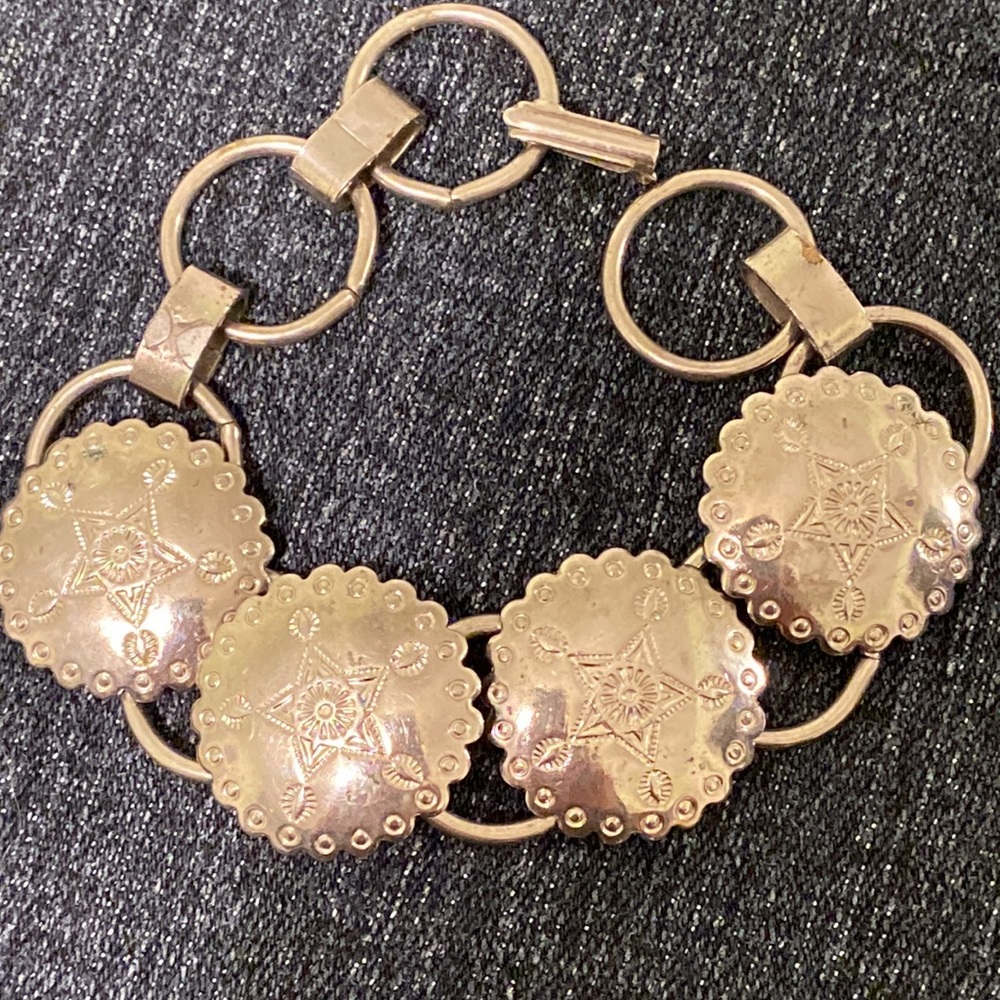 Vintage metal chain link concho Western silver steel buckle bracelet